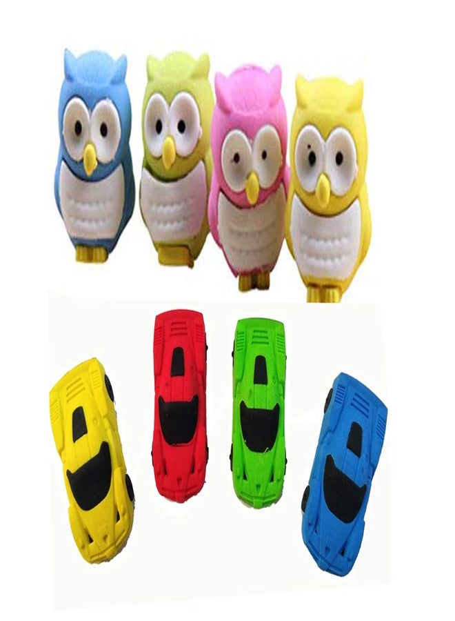 TECHNOCHITRA Newest Cute car and owl Shape erasers for School Kids and idea for Kid's Birthday Return Gift, Pack of 4 Multi Color - Image 1